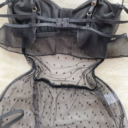 Wanita Damen Mesh Sheer Unterwäsche Anzüge Strap Bow Sweet Polka Dot Minikleid + Tangas 2023 Rüschen Spitze Nachthemd Wanita