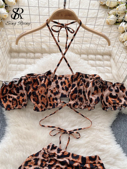 Leopard Print  Three Pieces Sets Women Off the Shoulder Mini Top+Drawstring Short Skirts+Thongs Sexy Night Suits Wanita