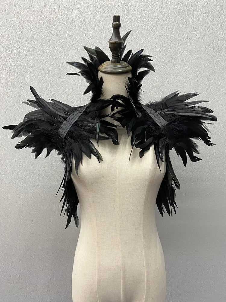 Chal de plumas naturales para mujer, chal negro para Cosplay de Halloween, envolturas de plumas de lujo para hombros, bufandas de plumas góticas Punk sexis