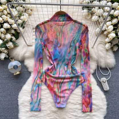 2023 Transparent Mesh Sexy Bodys Drucken Und Färben Öffnen Gabelung Mantel Strampler Mode Sheer Print Schlank Playsuits Wanita