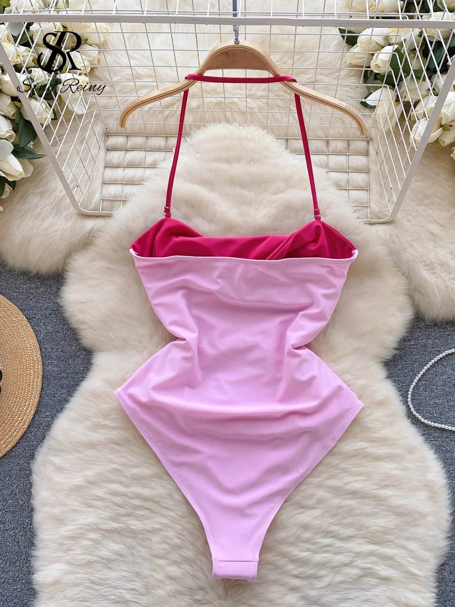 Sensual Bikini Swimsuits Rompers Fashion Halter Sleeveless Patchwork Sheath Bodysuits Women Hollow Out Sexy Playsuits Wanita