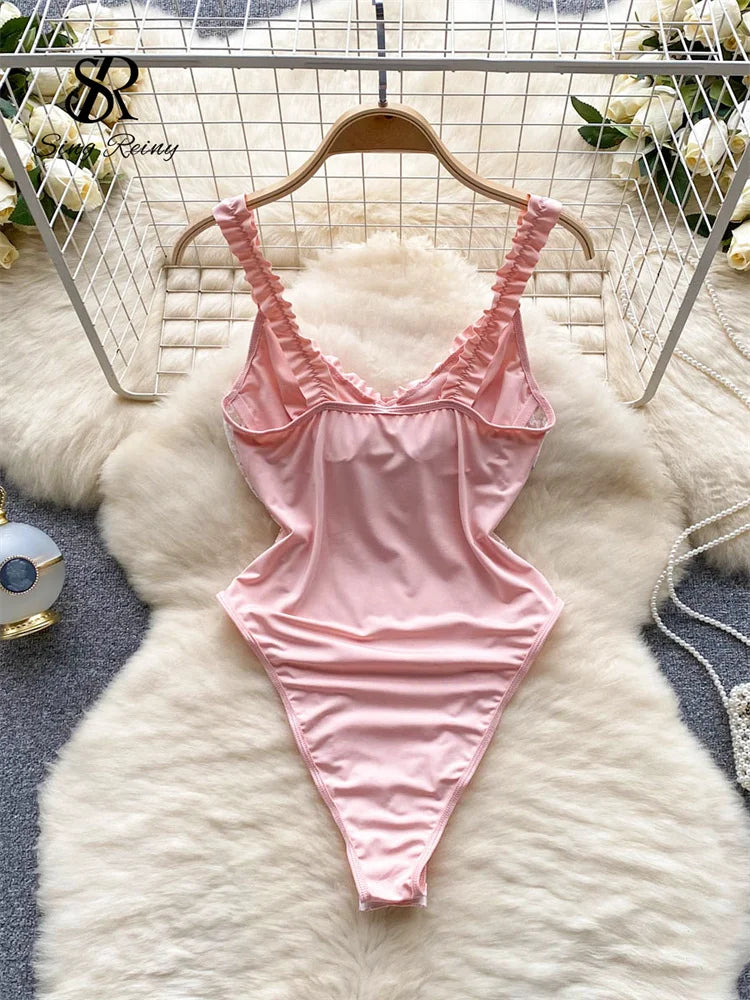 Floral Lace Bodysuits Summer Strap Sleeveless Ruffles Slim Mesh Rompers 2023 Fashion Backless Sexy Underwear Playsuits Wanita