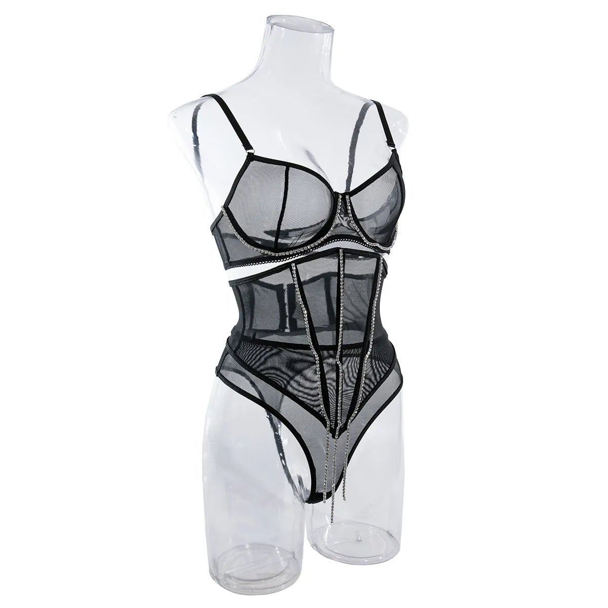 Strass-Dessous-Sets für Damen, luxuriöse sexy Spitzenunterwäsche, glitzernde Quasten, nahtloser BH, transparentes, feines Outfit