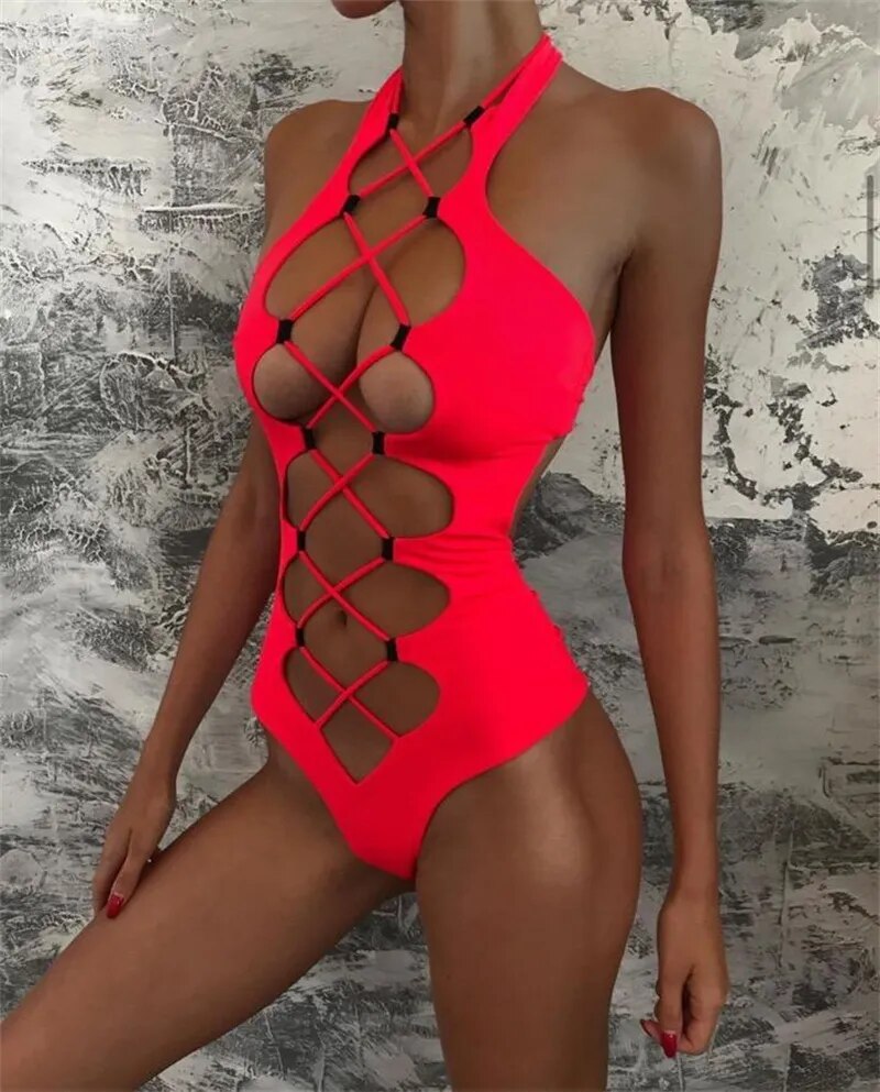 Traje de baño ahuecado para mujer 2022, traje de baño Monokini con espalda descubierta y cuello alto, traje de baño negro liso, traje de baño de una pieza para vacaciones