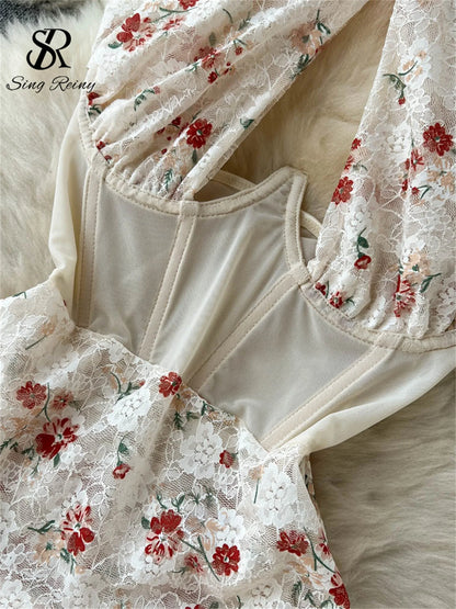 Monos sexys de encaje Floral a la moda, ropa moldeadora de malla con empalme de cuello Halter cruzado, monos ajustados, monos transparentes y sensuales Wanita