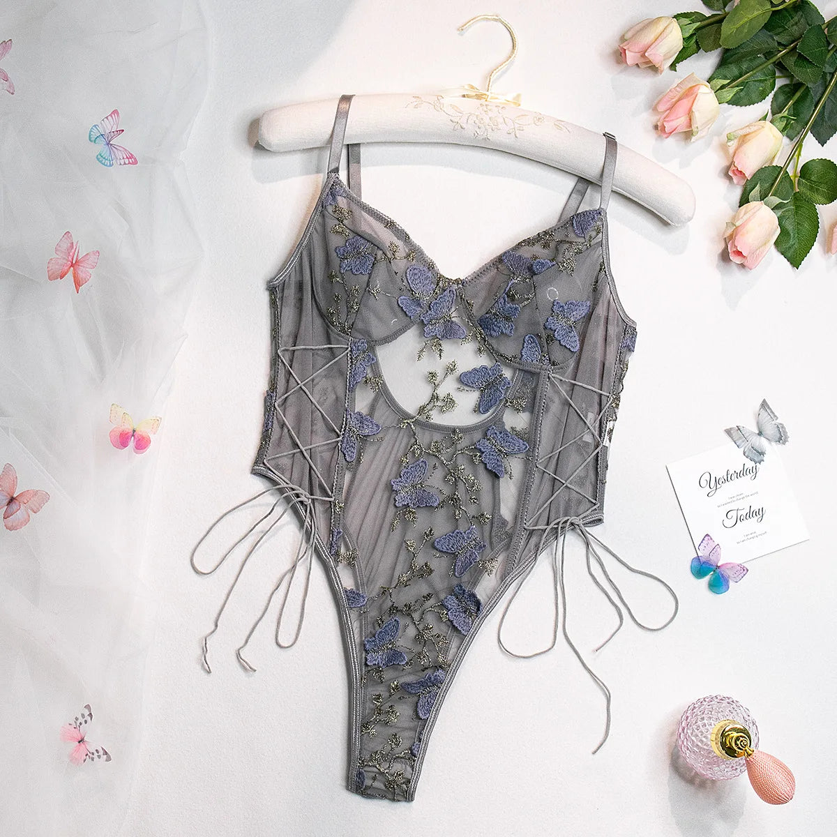 Wanita Floral Embroidery Sheer Playsuits Women Strap Butterfly  Nightwear Lace Up Slim Mesh Backless Sexy Bodysuits