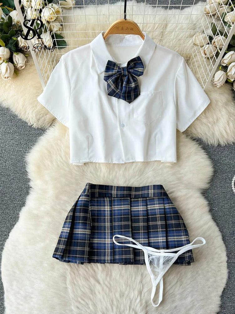 Traje de Cosplay para mujer, Camisa corta con cuello de solapa, minifalda a cuadros y tangas, ropa de dormir Sexy de estilo preppy 2023 Wanita