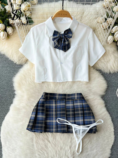 Cosplay   Outfit Women Lapel Neck Short Shirt+Plaid Mini Skirt+Thongs  2023 Preppy Style Sexy Nightwear Wanita