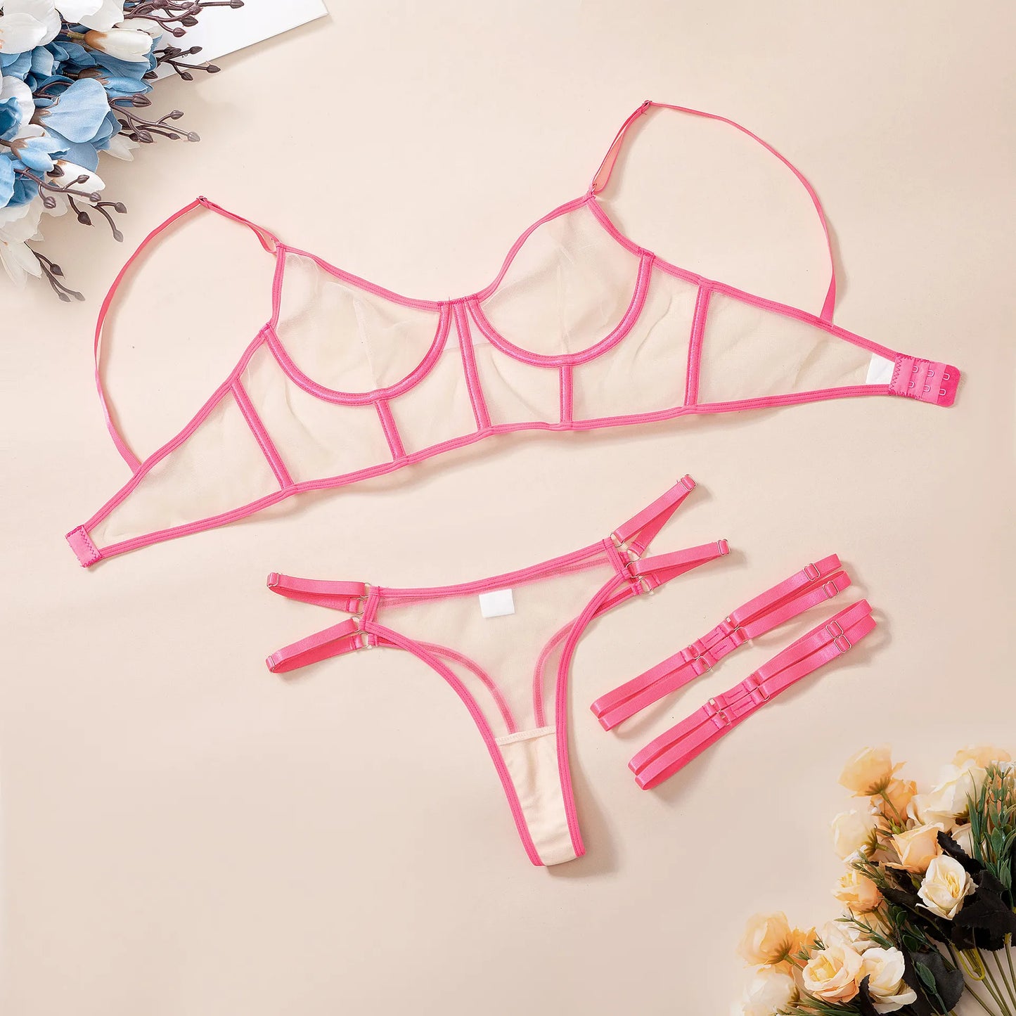 Ropa interior Sexy de neón para mujer, lencería femenina, disfraz Sexy, conjunto de sujetador transparente, encaje íntimo de 4 piezas