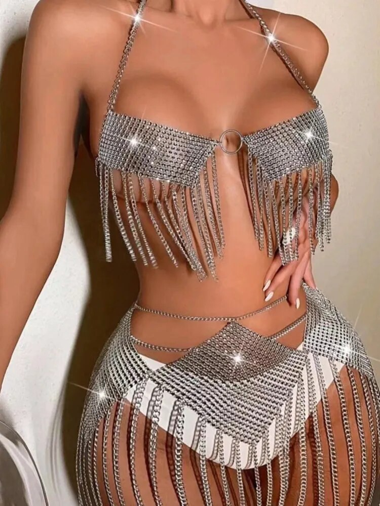 AKYZO, conjunto de 2 piezas para Mujer, camisetas sin mangas cortas con diamantes brillantes, minifalda Sexy, trajes de fiesta Rave de carnaval, Ropa de Club, Festival para Mujer