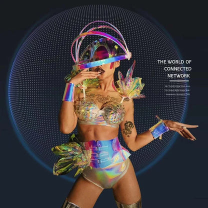 Traje de baile Gogo Future Sense para mujer, Bikini Sexy, ropa de baile en barra, casco láser, tocado, traje de bailarina de discoteca Rave VDB5641