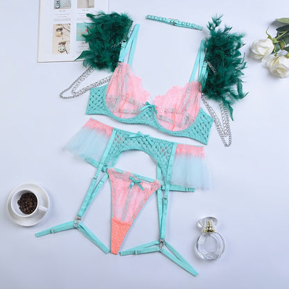 Lencería de plumas, ropa interior de encaje de lujo de 4 piezas para mujer, sin censura, 18 sujetador de tul transparente, conjunto de liga Sensual íntimo