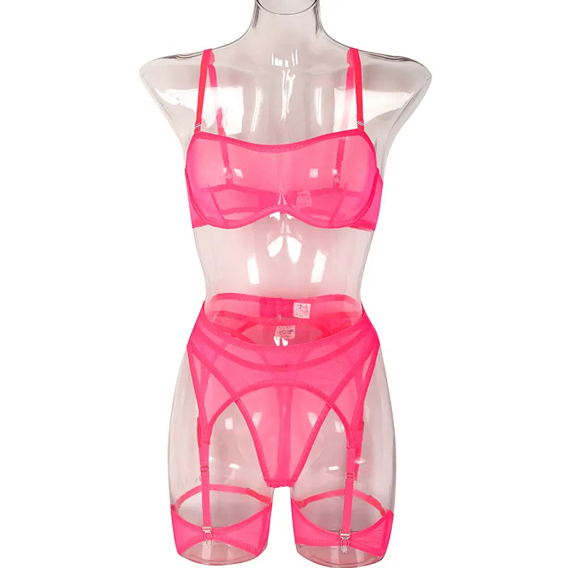 3-teiliges sexy Damen-Unterwäsche-Set, transparent, Dessous, Strumpfhalter-BH und Höschen, Spitzen-Intimtae, feines nahtloses Outfit