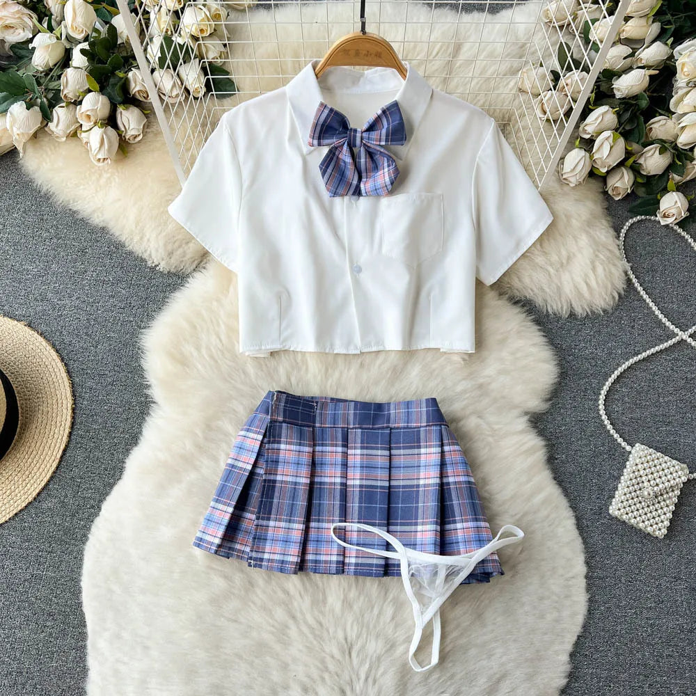 Cosplay   Outfit Women Lapel Neck Short Shirt+Plaid Mini Skirt+Thongs  2023 Preppy Style Sexy Nightwear Wanita