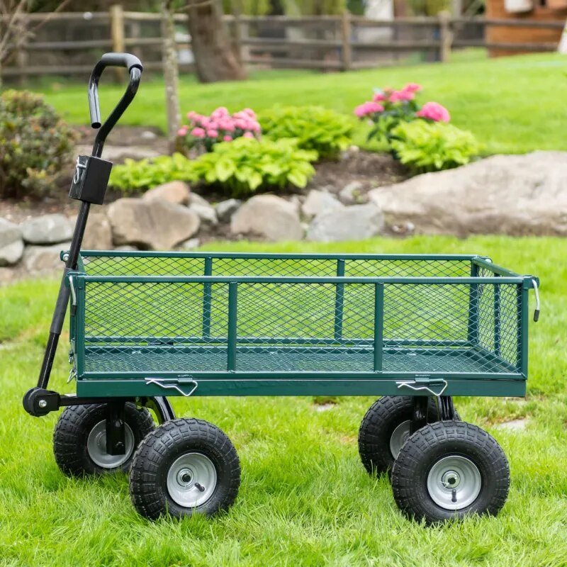 Carro de jardín de acero con laterales extraíbles, capacidad de 700 libras, carro utilitario de jardín de malla remolcable de 38" x 20", carro para césped al aire libre