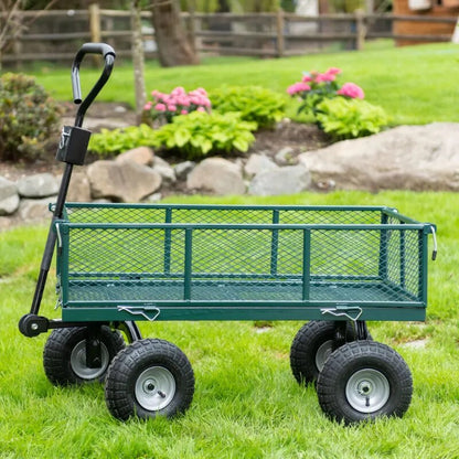 Steel Garden Cart with Removable Sides 700lb Capacity, 38” X 20” Towable Mesh Garden Utility Cart Outdoor Lawn Wagon