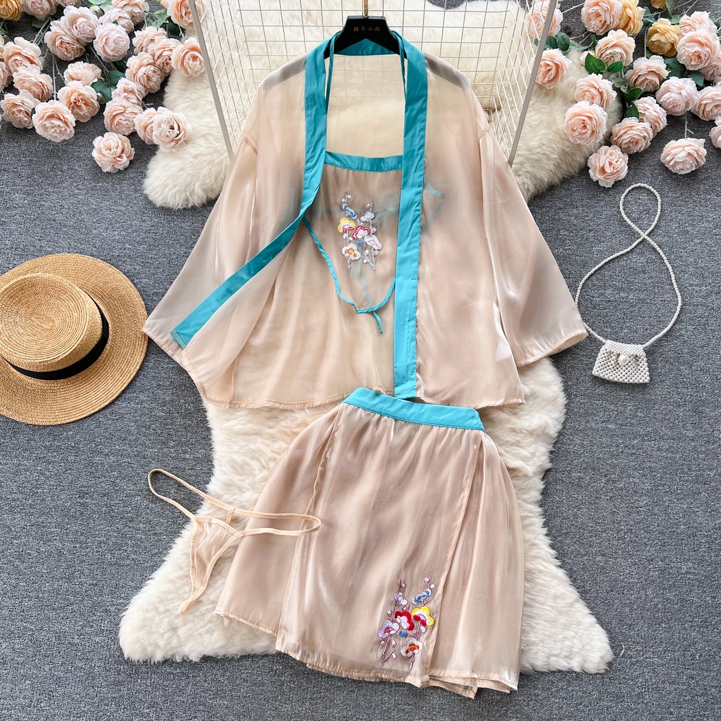 Vintage Embroidery Sexy Night Suits Female Loose Floral Camis+Mini Skirt+Thongs Chinese Style Cosplay Sheer Nightwear Wanita