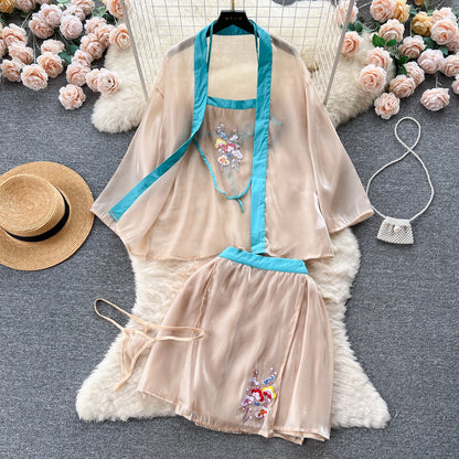 Vintage Embroidery Sexy Night Suits Female Loose Floral Camis+Mini Skirt+Thongs Chinese Style Cosplay Sheer Nightwear Wanita