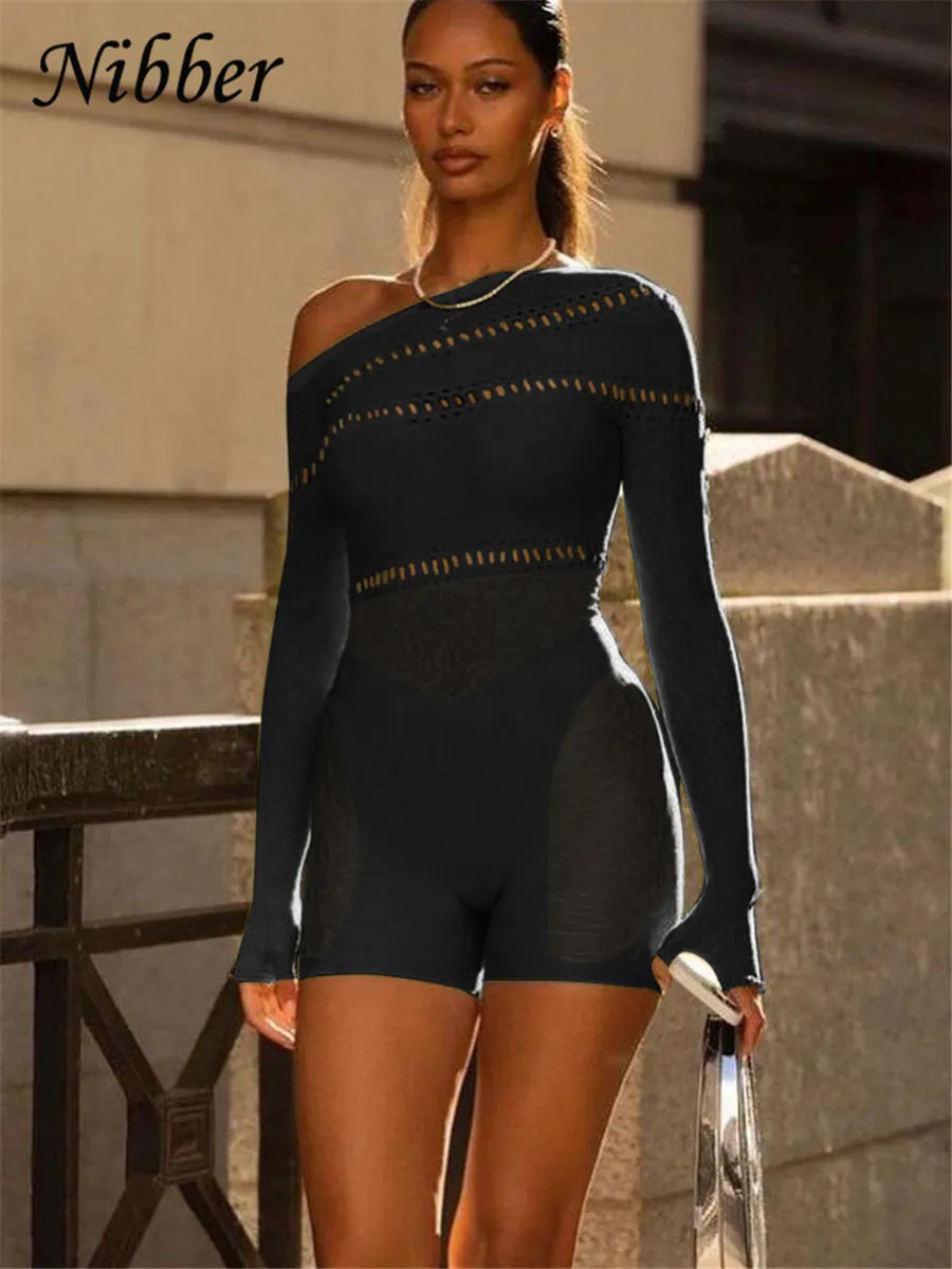 Nibber Spitze Aushöhlung Mesh Durchsichtig Mitternacht Playsuits Frauen Sexy Geneigte Schulter Langarm Patchwork Dünne Strampler Club