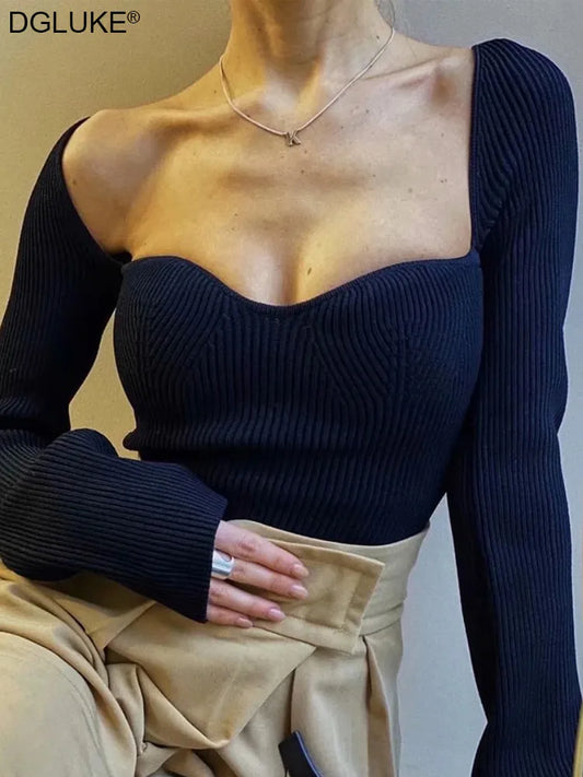 Vintage Sqaure Neck Langarm Stricken Top Koreanische Mode Weiß Schwarz Pullover Frauen Off Schulter Gestrickte Winter Bluse 2022