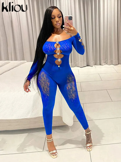 Kliou Sexy Hollow Out See Through Jumpsuits Women Solid Seductive Midnight Off Shoulder Long Sleeve Body-Shaping Clubwear Outfit