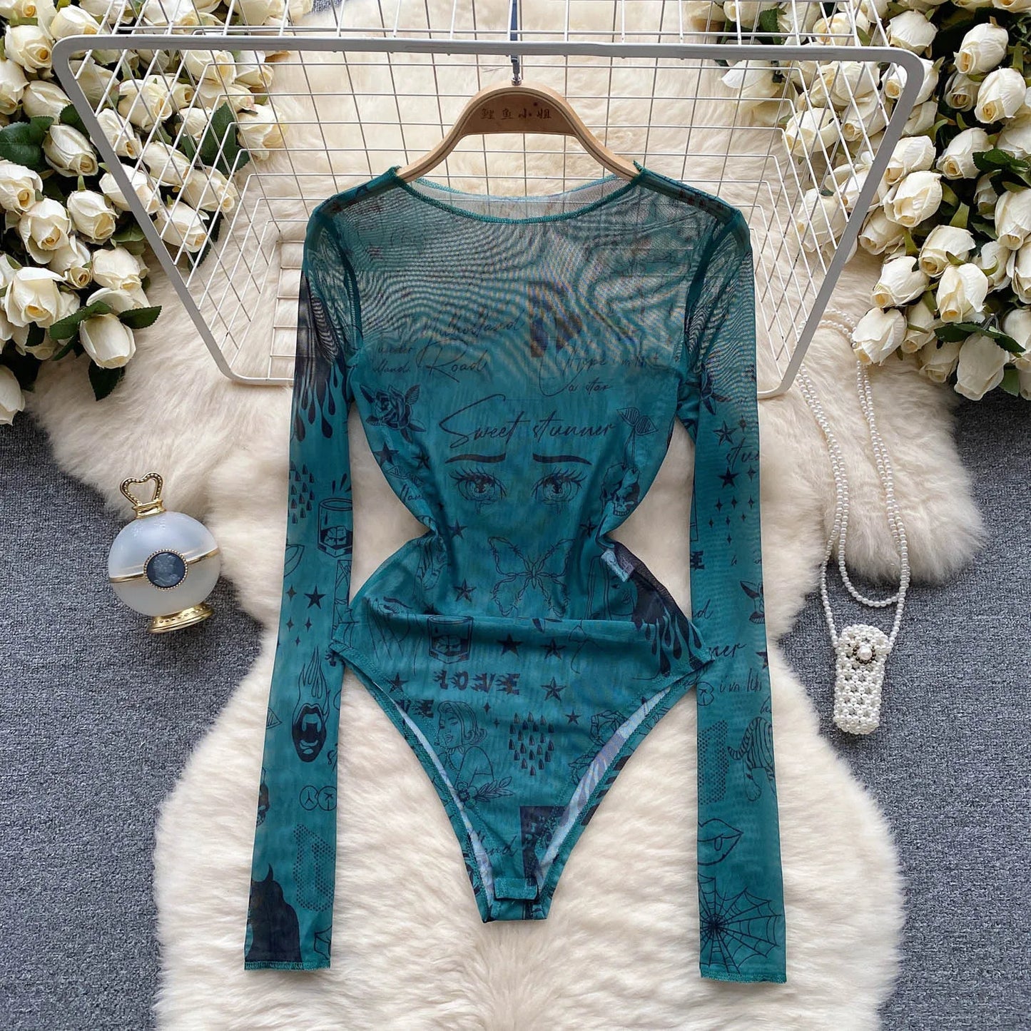 Sheer Print Mesh Sexy Bodysuits Women Long Sleeved Bodycon Streetwear Y2K Top 2023 Ladies Open Crotch Slim Playsuit Wanita