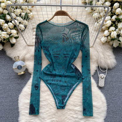 Sheer Print Mesh Sexy Bodysuits Women Long Sleeved Bodycon Streetwear Y2K Top 2023 Ladies Open Crotch Slim Playsuit Wanita