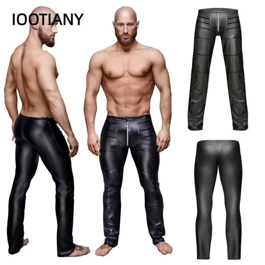 IOOTIANY-ropa interior de talla grande para hombre, mallas, pantalones, puesta en escena, lencería Sexy, látex, piel sintética, ropa de Club de baile PU