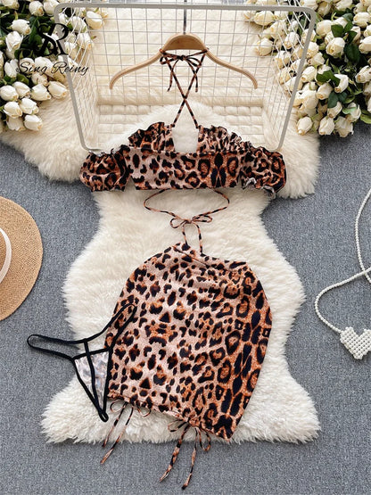 Leopard Print  Three Pieces Sets Women Off the Shoulder Mini Top+Drawstring Short Skirts+Thongs Sexy Night Suits Wanita