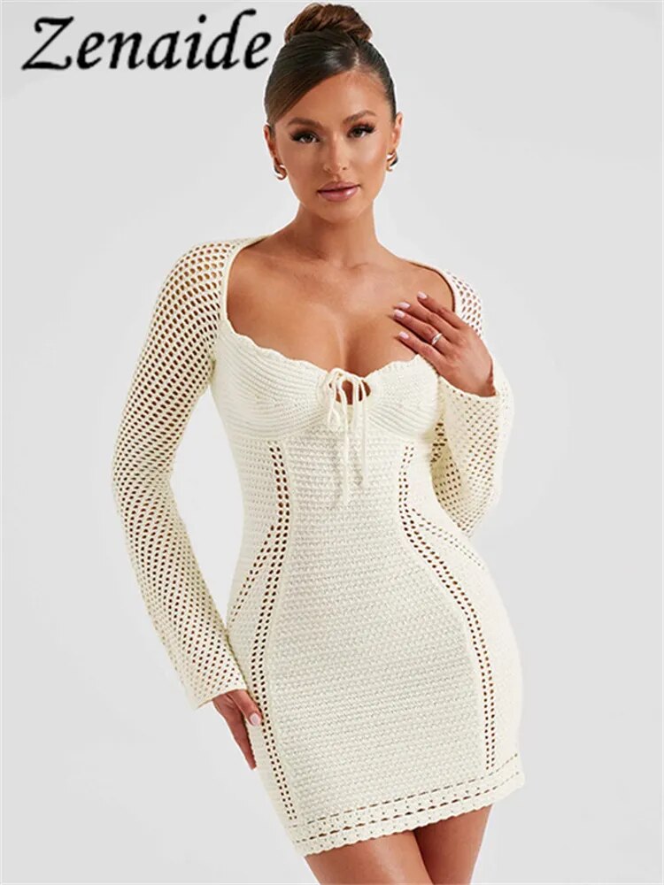 Zenaide Sexy Aushöhlen Langarm Kleid Mini Herbst Frauen Durchsichtig Gestrickte Häkeln Backless Kleider Party 2023