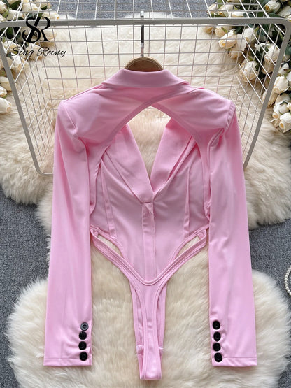 Fashion Sensual Slim Bodysuits Backless Tailored Collar Long Sleeved Streetwear 2023 Women Open Crotch Sexy Playsuits  Wanita