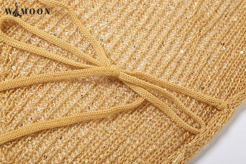 Gold Pailletten Halfter Kapuze Sexy Hohl Gestrickte Tank Tops und Shorts 2 Stück Set Frauen Rückenfreie Sommer Club Party Outfits