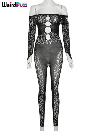 Weird Puss Sexy See Through Jumpsuits Hollow Thin Long Sleeve Fashion Chic Rhinestones Elastic Skinny Workout Midnight Clubwear