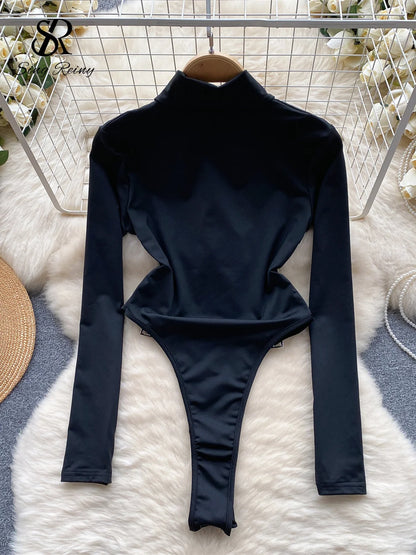 2023 Fashion Hotsweet Sexy Bodysuits Half High Collar Long Sleeved Zipper Women Open Crotch Streetwear Slim Playsuit Wanita