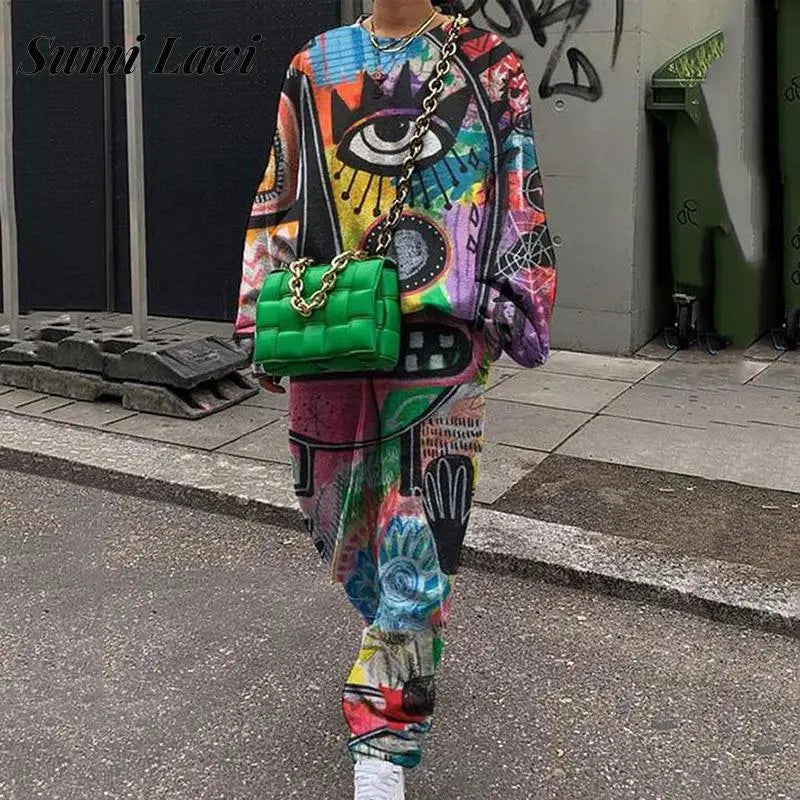 Traje deportivo informal para mujer, conjunto de Tops y pantalones de tubo con estampado Harajuku a la moda, Sudadera con capucha de otoño, conjunto de dos piezas de chándal