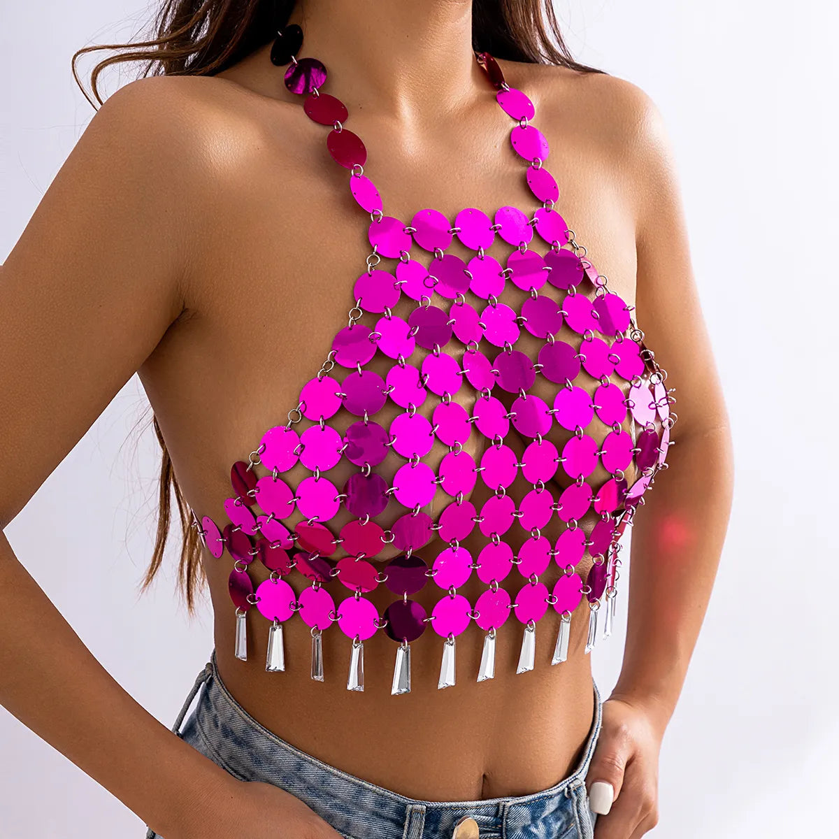 IngeSight.Z Sexy Sequins Hanging Neck Bra Top Chest Chain Women Summer Beach Crystal Tassel Pendant Body Festival Y2K Jewelry