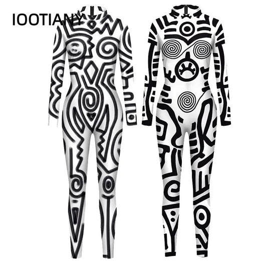 IOOTIANY Vintage Abstract Pattern Print Holiday Party Bodysuit Women Jumpsuit Carnival Party Casual Wear Sexy Cosplay Costume