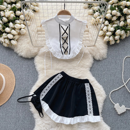 Maidservant Cosplay   Suits Female Hollow Out Drawstring Top+Mini Lace Skirt+Thongs Sweet Sexy Night Sets Wanita