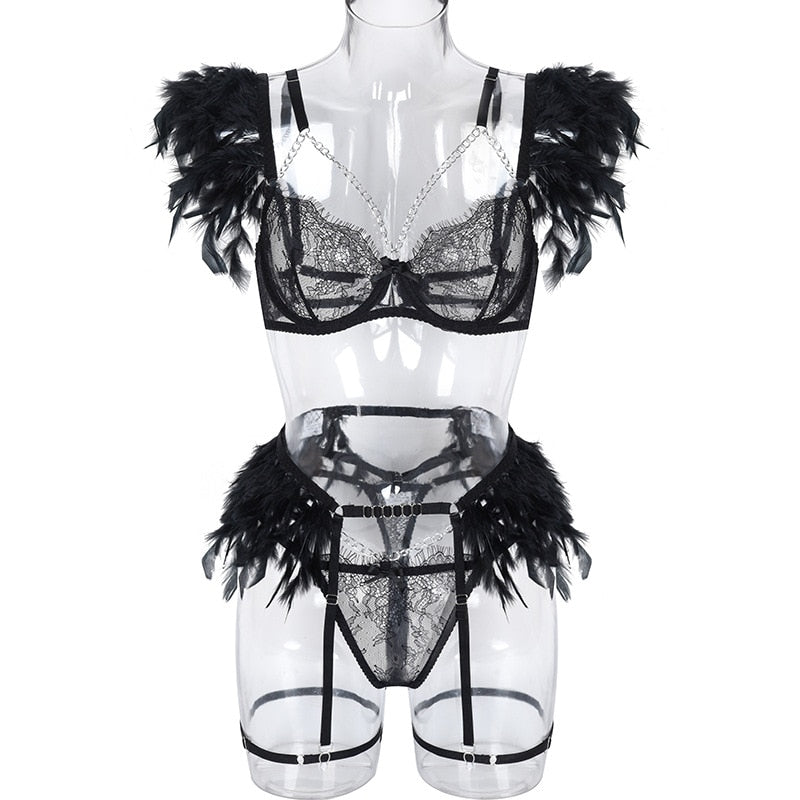 Lencería de plumas, ropa interior Sexy para mujer, sujetador transparente, cadena de Metal, encaje, conjunto de 3 piezas, íntimo de lujo