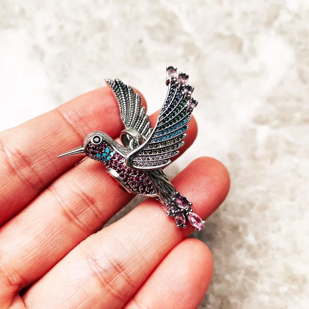 Große bunte Kolibri-Anhänger Herbst edler Schmuck 925 Sterling Silber Zubehör Böhmen Geschenk für Frauen