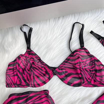 Zebra-Dessous für volles Crop-Top, enges Outfit, transparente transparente Spitze, nahtlose Intim-String-Slip-Sets