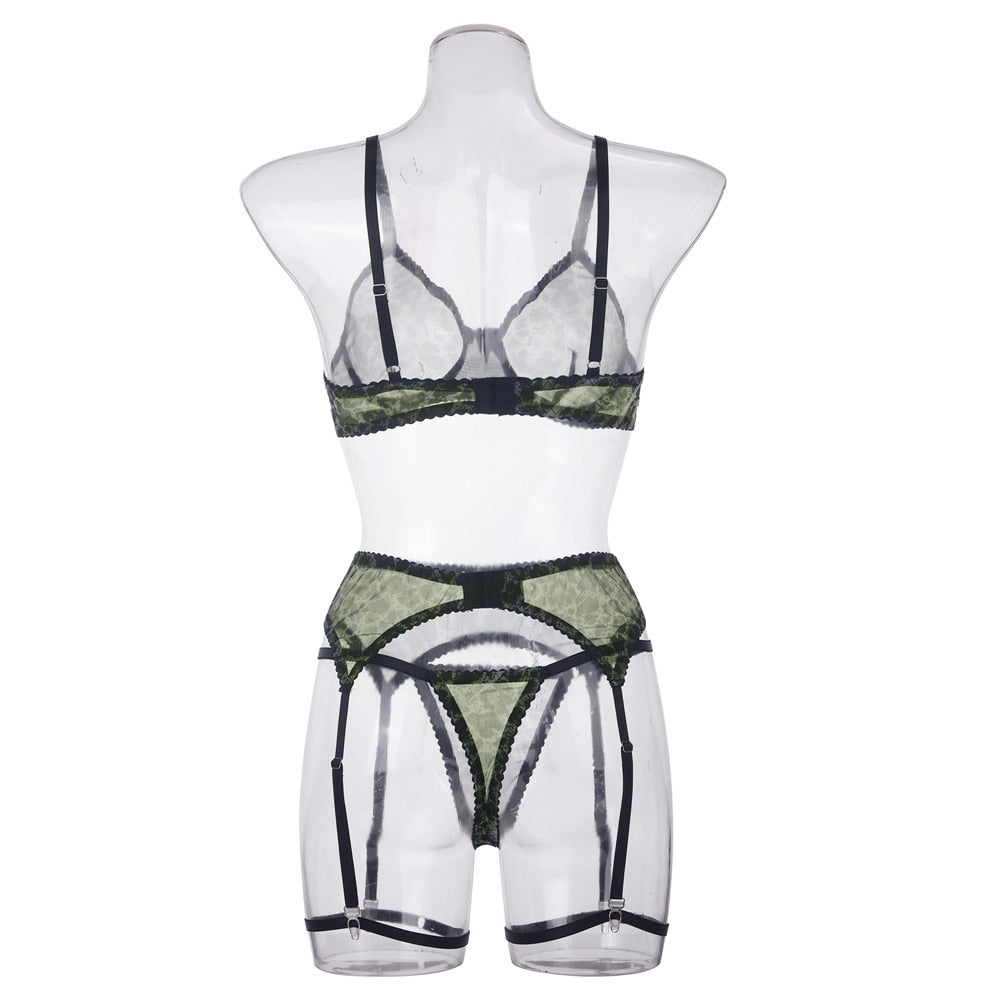 Neon-Leoparden-Dessous, 5-teilige Spitzenunterwäsche, nahtlos, sexy, sinnlich, transparent, Strumpfhalter-Sets