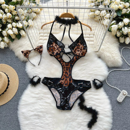 Leopard Leather Sexy Bodysuits Ladies Halter Hollow Out Slim  Nightwear Korean Backless Cosplay  Playsuits Wanita