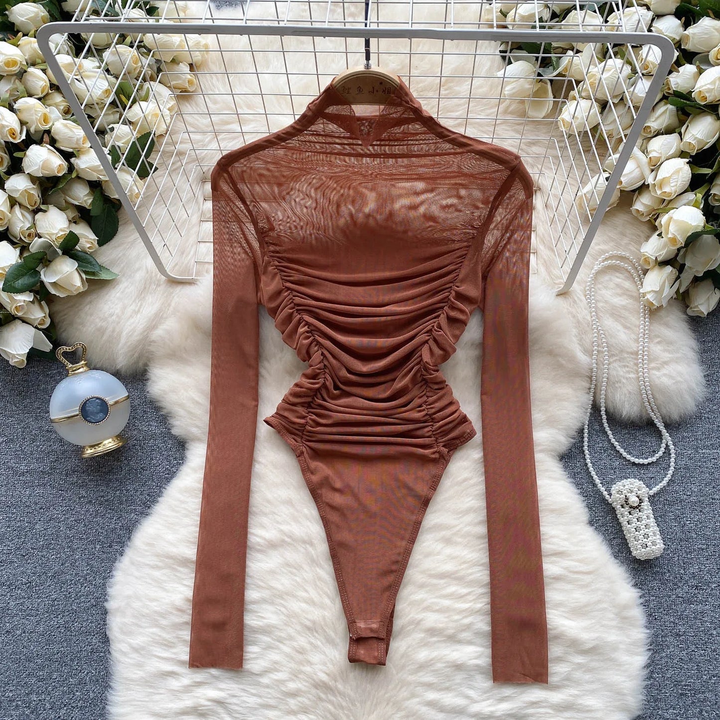 Sheer Ruched Mesh Sexy Bodysuits Half High Collar Long Sleeved Bodycon Streetwear 2023 Women Open Crotch Slim Playsuit Wanita