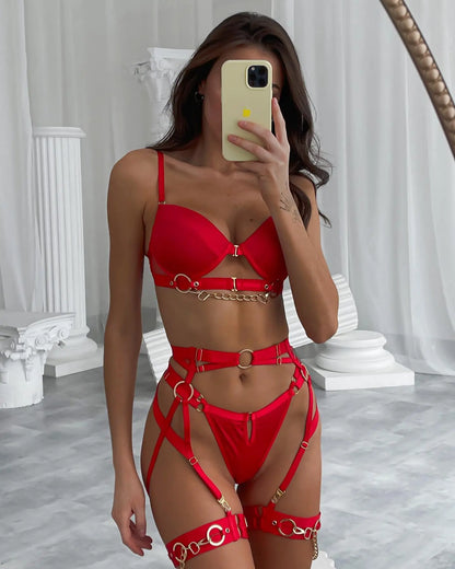 Gepolsterte Dessous für Frauen, sexy Unterwäsche, Damen-Körper, feiner BH und Höschen-Set, Luxus-Strumpfband mit Kette, Bilizna-Set