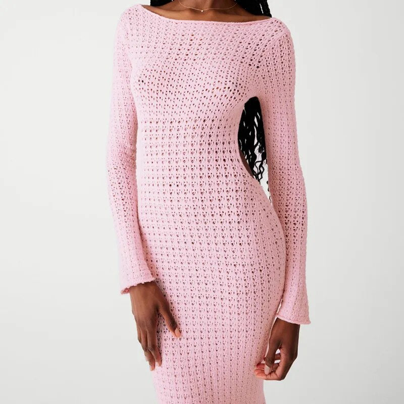 Pink Crochet Knitted Backless Sexy Dress Women Elegant Long Sleeve Bodycon Dresses Autumn Female Hollow Out Beach Long Vestido