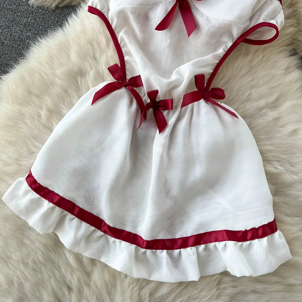 Wanita Cosplay Maid Uniform Sexy Nightdress Halter Backless Hollow Out Bow Mini Dress+Thongs   Mini Nightwear suits