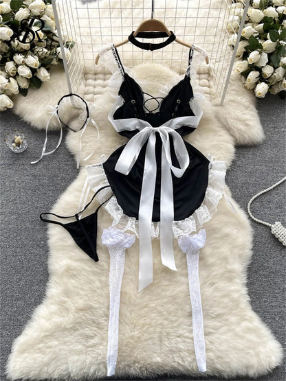 Maidservant Cosplay Lace Nightwear Suits Women Rufflest  Mini Dress+Thongs 2023 Japan Style  Sexy Nightdress Wanita