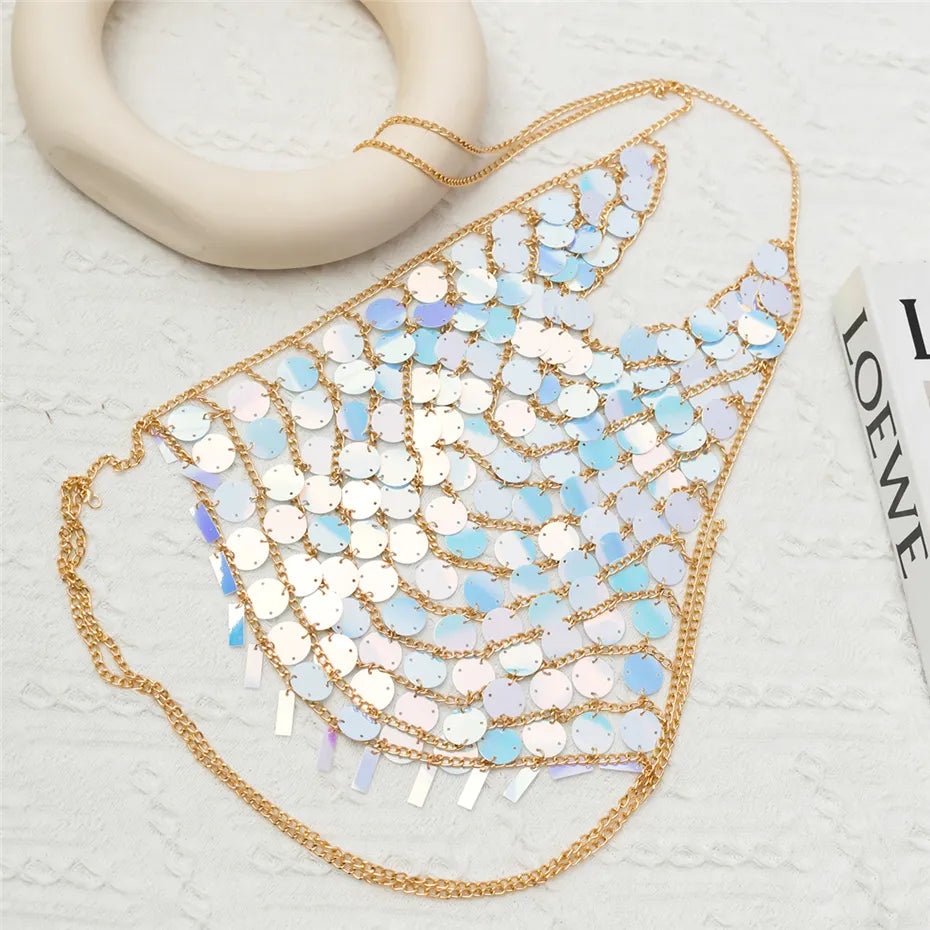 Sexy Colorful Plastic Sequin Chest Bra Lingerie Chain Necklace Women Summer Bikini Boho Festival Body Jewelry Y2K Accessories