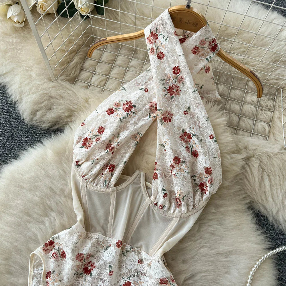 Fashion Floral Spitze Sexy Bodys Kreuz Halter Splice Mesh Shapewear Schlanke Strampler Aushöhlen Sheer Sinnliche Playsuits Wanita